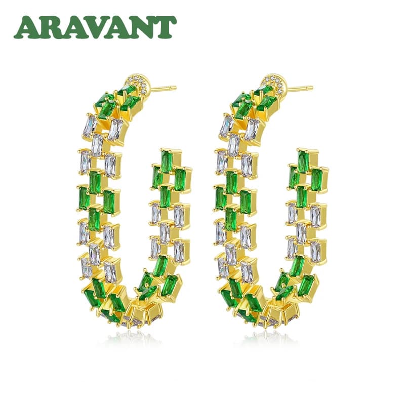 ARAVANT Orecchini a cerchio in argento 925 con oro 18 carati da 45 mm con zirconi verdi per gioielli da donna alla moda