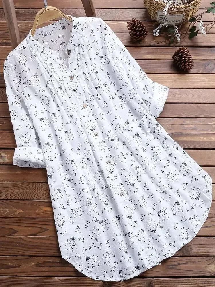 Women's strong size shirts 2025 New white long sleeve Casual cute sweet shirts Elegant fashion flower printed twisted buttoned Top