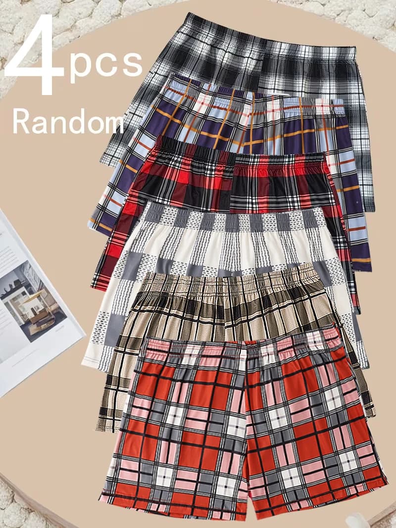 4pcs random Plaid men's flat corner shorts with elastic waist soft and breathable pajamas casual and loose sleepwear