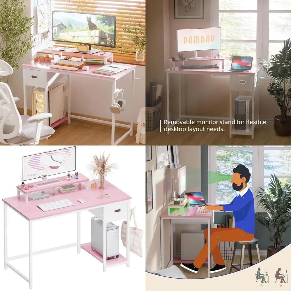 39 pink office desk with storage drawer and monitor stand, ideal for bedroom, study and writing