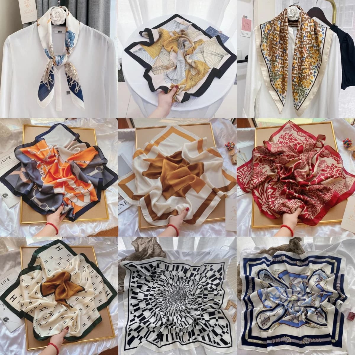 Fashionable Vintage Print Square Scarf for Women Stylish Shirt Collar Necktie Versatile Hairband And Scarf Combo High-End Feel