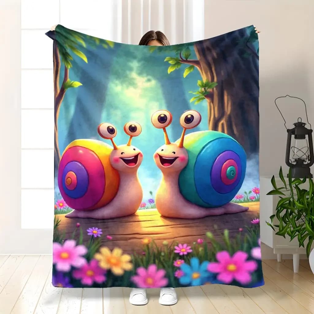 Cartoon Snail and the Flowers Flannel printed blanket suitable for all seasons suitable for living room office sofa and travel