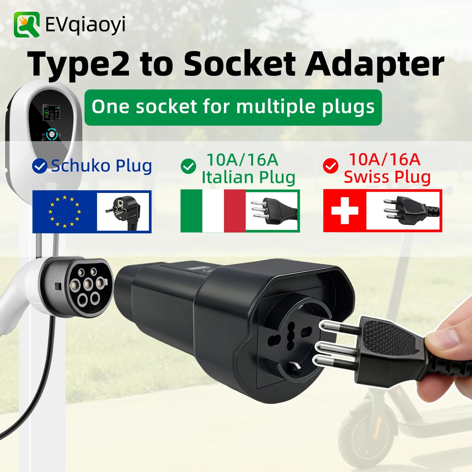 EVqiaoyi Type2 to Schuko Adapter with Power Off Button Draw Power from Type 2 Charging Stations 220V Connector Charging Scooters