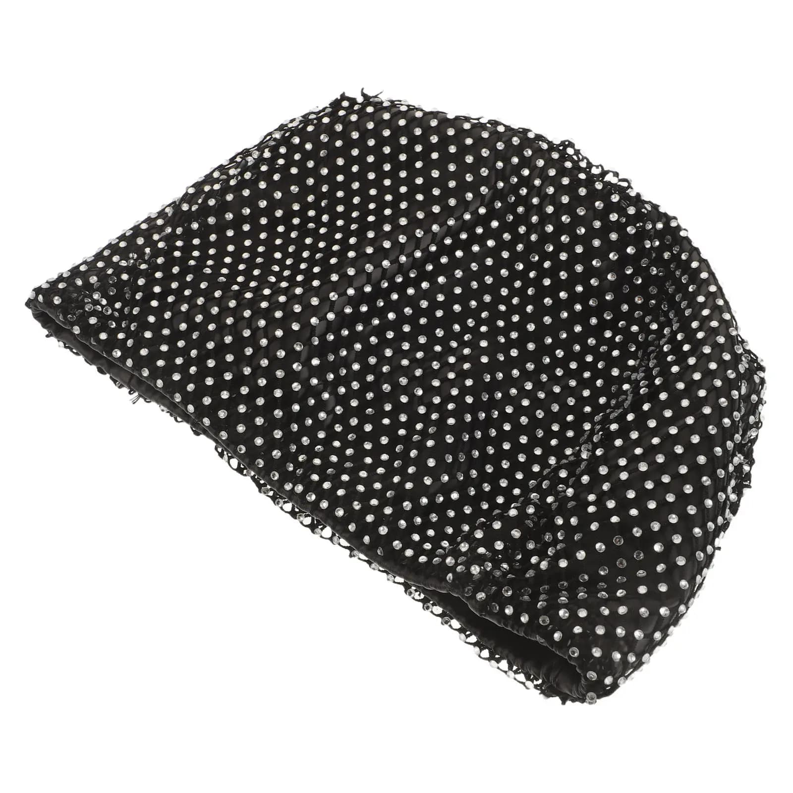 Black Stretchy Swim Cap Fashion Rhinestone Bathing Cap High Elastic Bling Fishnet Waterproof Swim Hat for Women Adult Thick Long