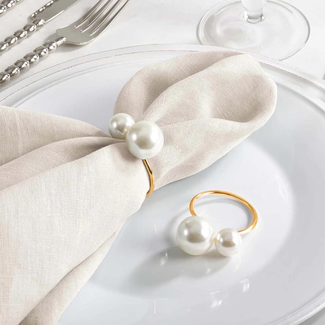 10Pc Women Dual Pearl Gold Open Napkin Ring Minimalist Elegant Metal Napkin Buckle For Wedding Dinner Table Decor Accessories