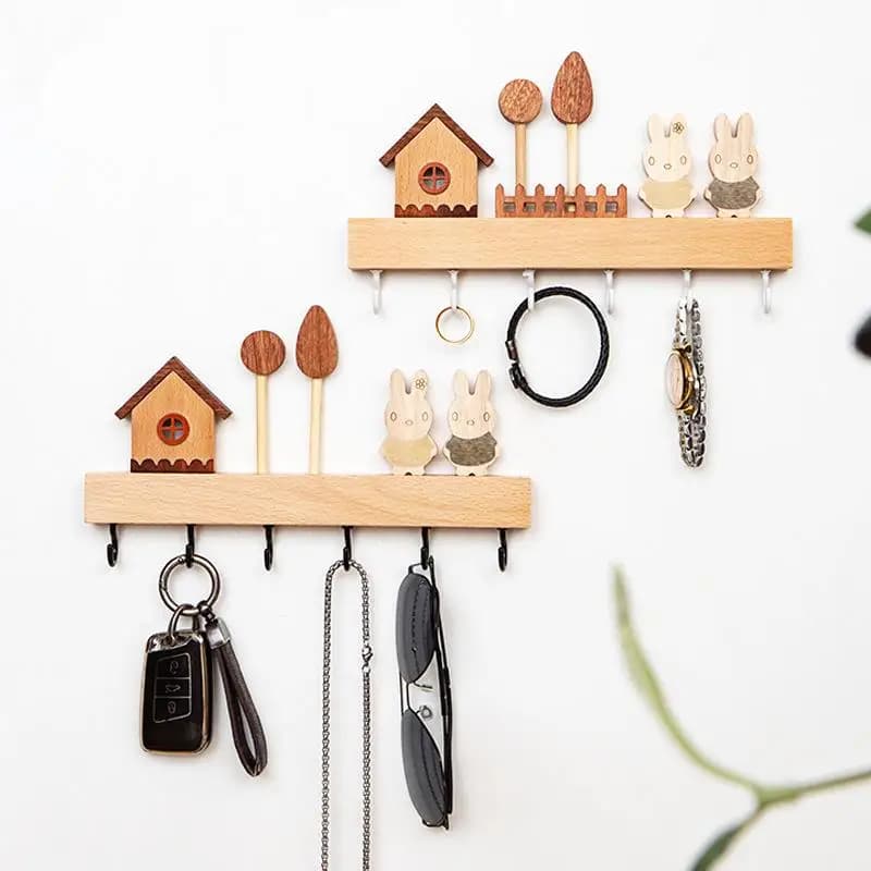 Solid Wood Key Hook Rack Punch Free Wall Mount Holds Keys Coats Towel Home Decor