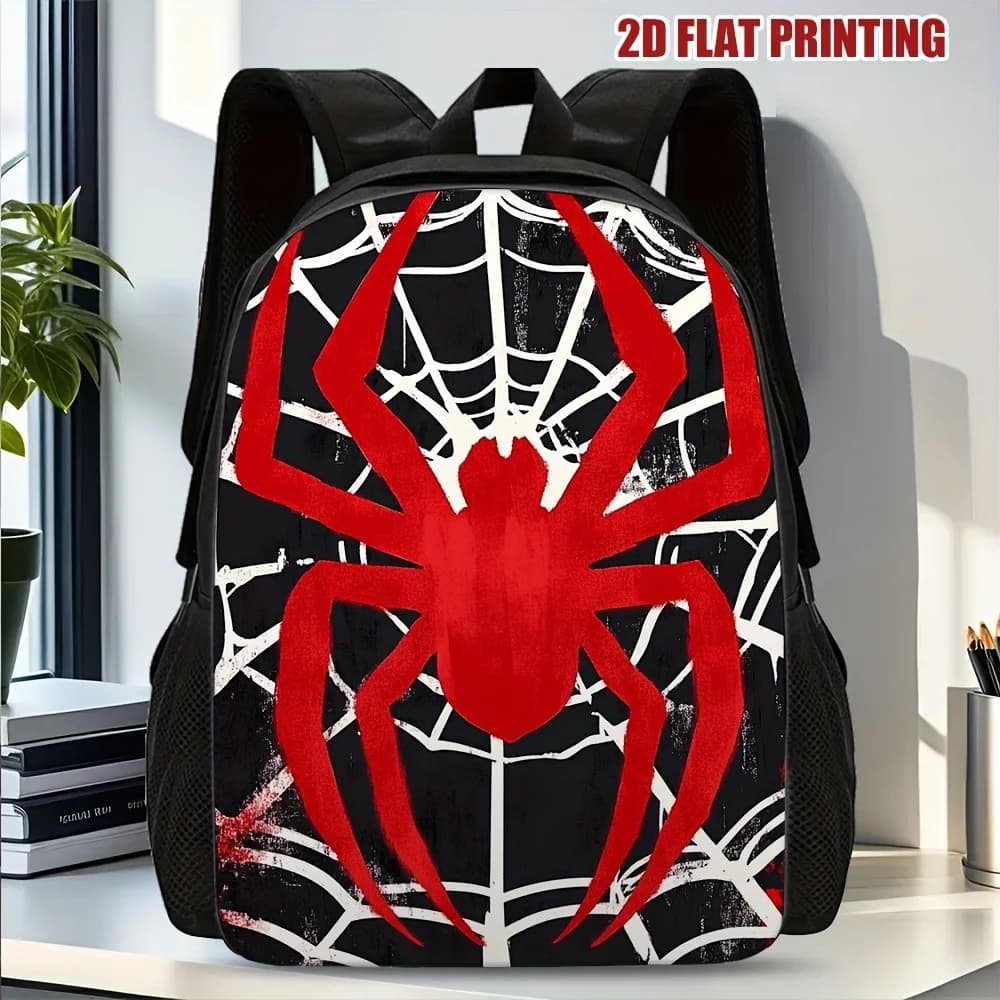 Zaino per adulti a tema Halloween con ragnatela e fantasma - Borsa spaziosa con stampa piatta 2D per viaggi e lavoro, in tessuto resistente