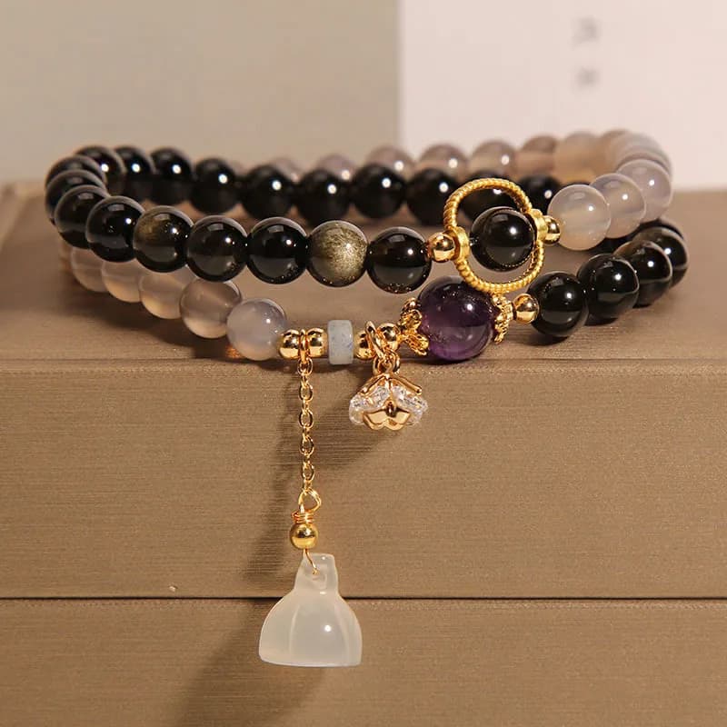 Bracciale in cristallo doppio cerchio di agata grigia naturale da donna in stile coreano alla moda tutto-fiammifero con cordoncino in ossidiana dorata con ciondoli di loto
