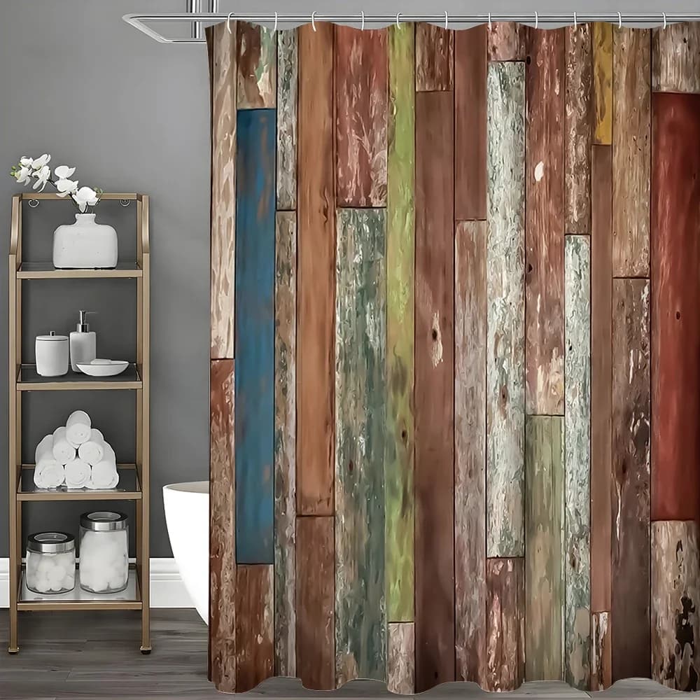 Tenda da doccia con pannello in legno rustico, tenda da doccia decorativa per bagno, tenda da doccia impermeabile con ganci