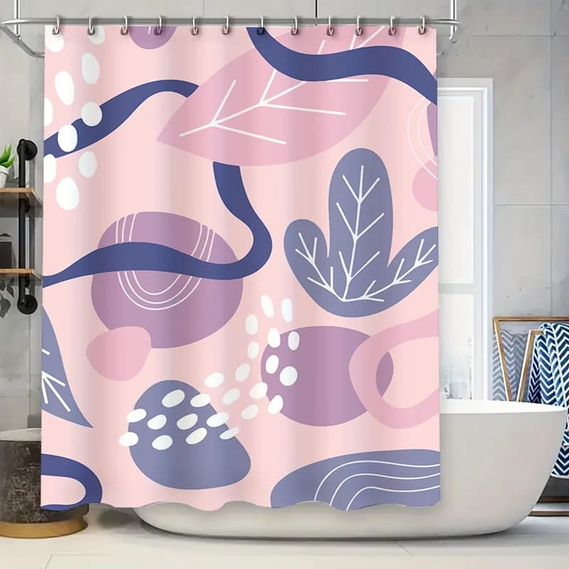 Armonia d'arte astratta: tenda da doccia con foglie geometriche rosa e viola per un arredamento bagno moderno e creativo