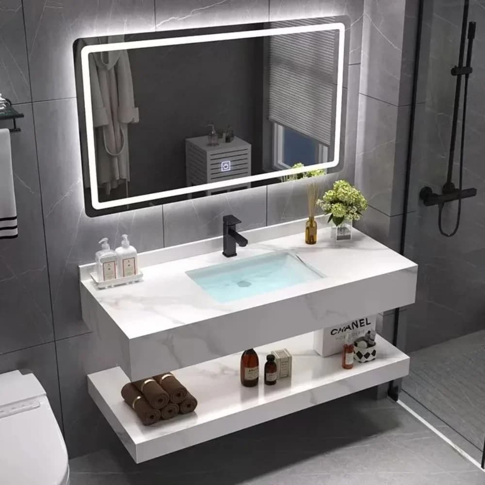 Mobile Bagno Sospeso con Specchio Smart, Lavabo in Pietra Sinterizzata, Mobiletto con Lavabo in Ceramica, Impermeabile, per Hotel e Appartamenti