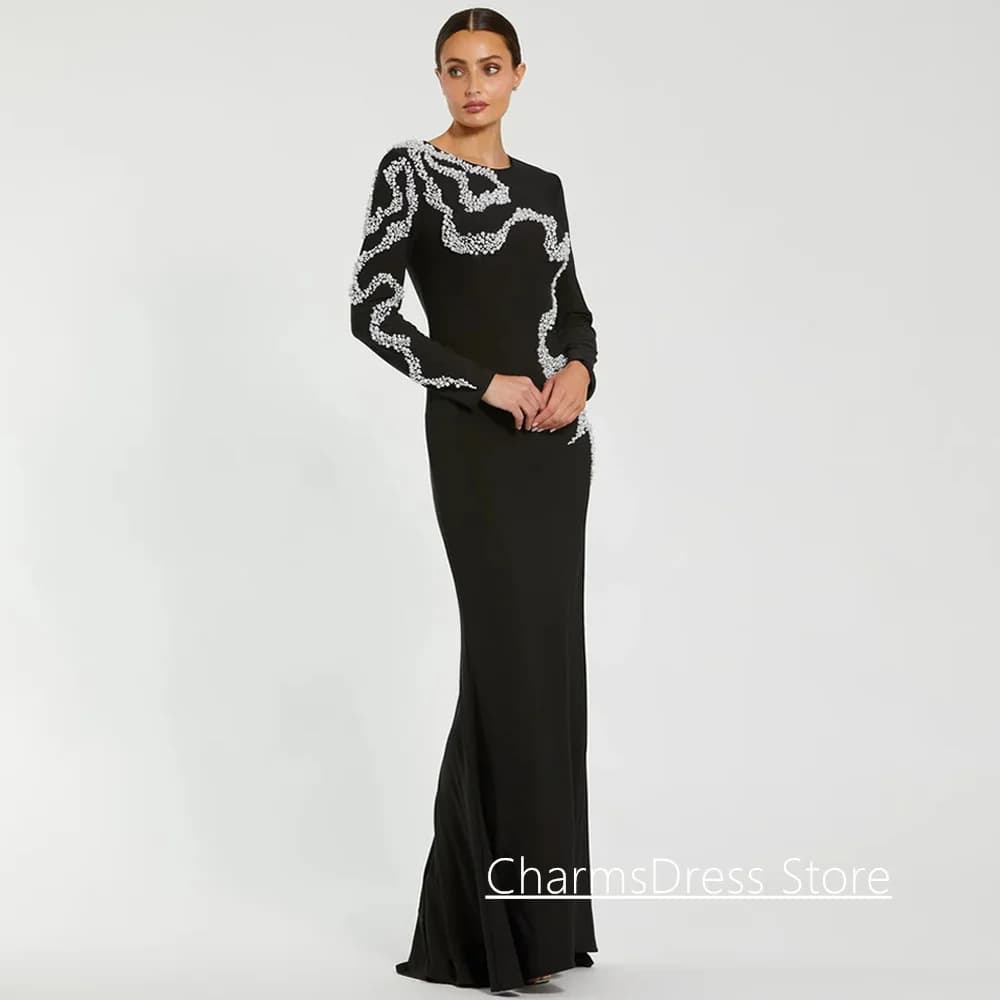 Modest Full Sleeves O Neck Evening Dress Customized Pearls Beading Saudi Arabia Prom Gown Formal Occasion Party Dresses