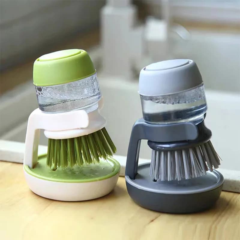 Kitchen Soap Dispensing Palm Brush Dishwashing Scrub Brush with Storage Holder Drip Tray, Non-scratch Bristles for Pot Pan Sink