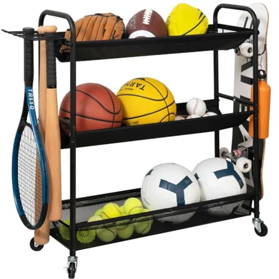 Porta Palloni da Basket a 3 Ripiani, Supporto per Allenamento, Carrello Porta Palloni Sportivi, Organizzatore per Garage, Cesto Porta Palloni per Garage