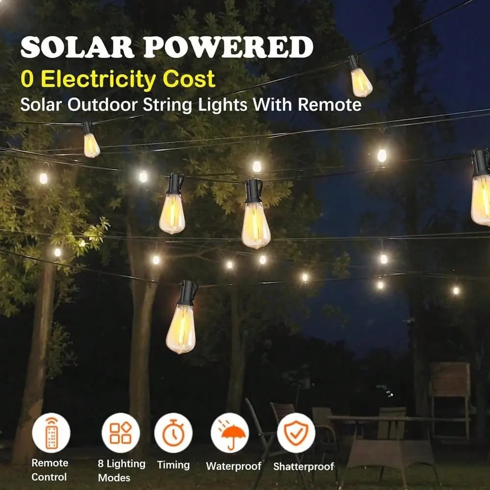 Luci a stringa LED solari ST38 per esterni, 50 100 200 FT, luci a stringa infrangibili con telecomando a 8 modalità per decorazioni da esterno e patio