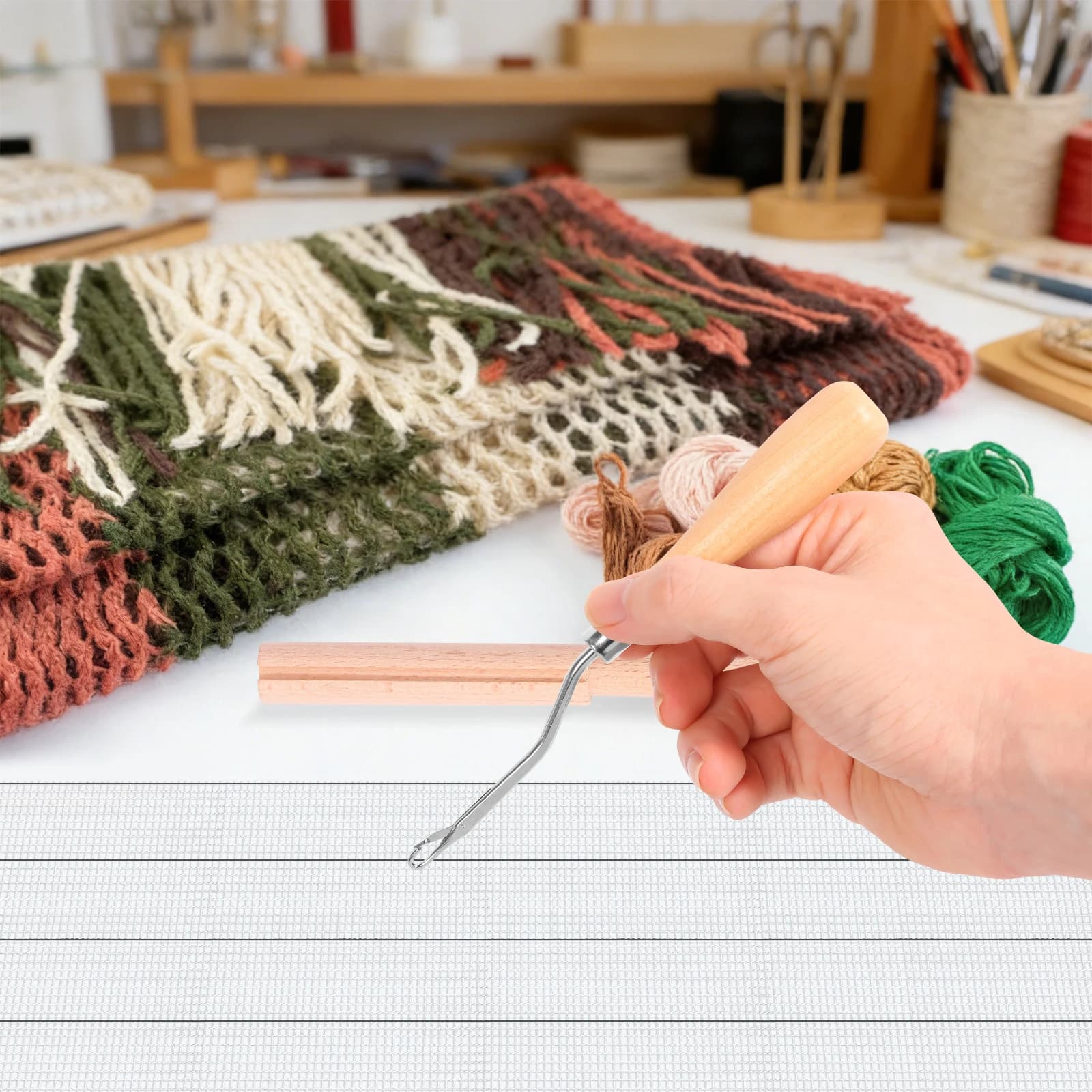 Kit di 3 Attrezzi per Uncinetto, Tagliacuci per Tessuti e Filati, Kit per Realizzare Tappeti per Adulti Principianti, per Creare Zerbini e Cuscini