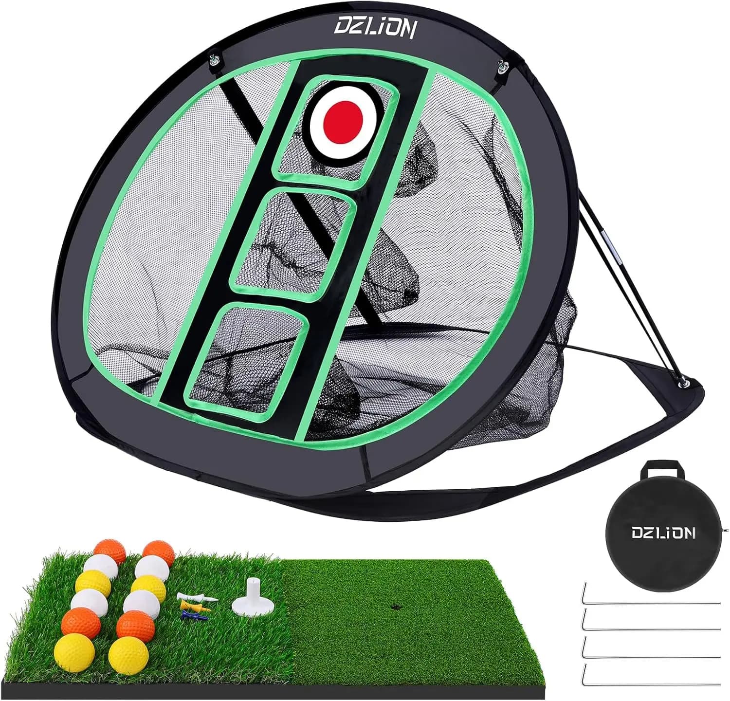 Set Rete e Tappetino per Chipping da Golf - Bersaglio Pieghevole Pop-Up per Allenamento Indoor con 3 Tasche, 2 Tappetini da Battuta, 12 Palline da Pratica - Regalo