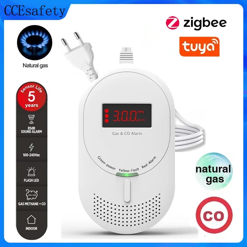 Rilevatore di Gas CO Zigbee Tuya, Rilevatore di Fughe di Gas Naturale e Monossido di Carbonio con Display LCD, Certificato CE per Casa Intelligente