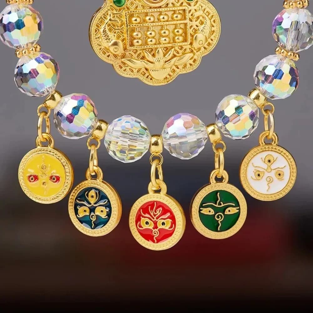 Gold Foil Car Mirror Dangle Pendant Lucky Lock Five Paths Wealth Goddess Mobile Phone Chain Beads Ornaments Colorful Abacus