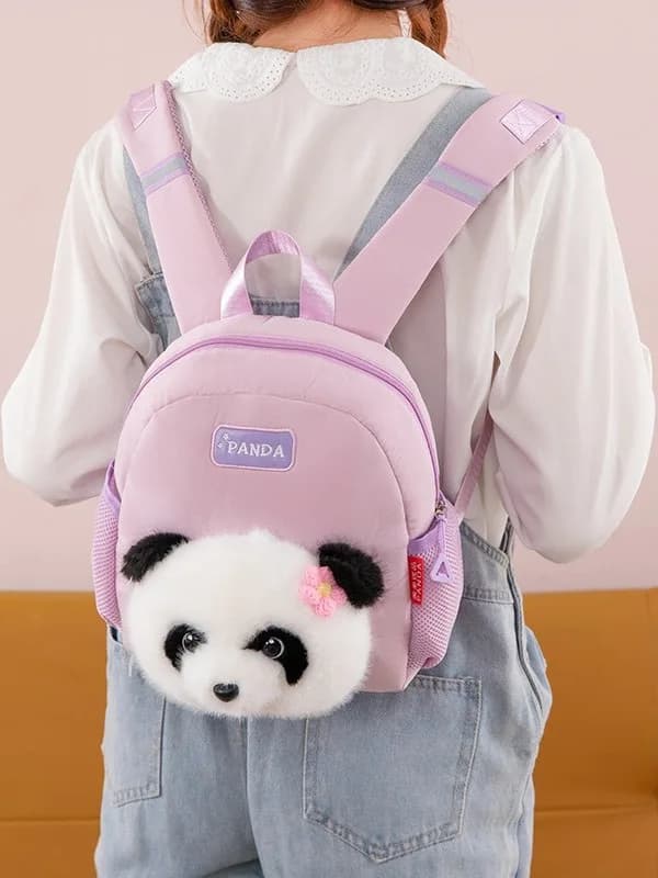 Nuova Borsa per Bambini a Doppia Tracolla con Pelliccia, Design Testa di Panda Tridimensionale, Borsa Resistente per Scuola e Pendolarismo, Borsa Carina