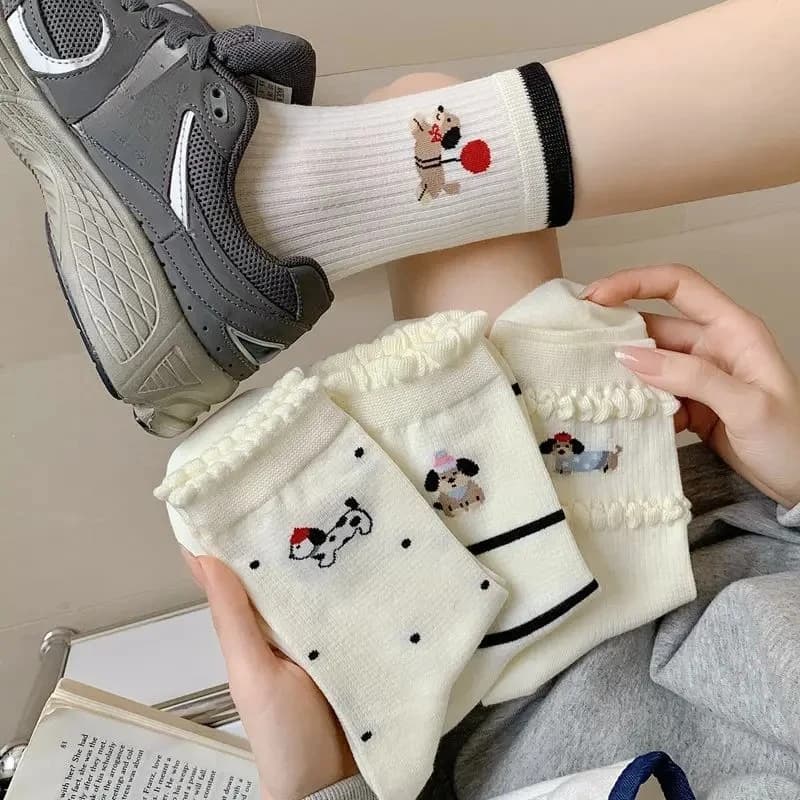 Polka Dot White Socks Women Spring Summer Breathable Striped Middle Tube Socks Cartoon Japanese Kawaii Cute Women Socks 1/4 pair