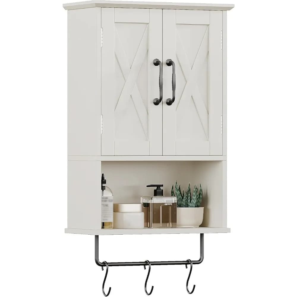 Mobiletto da Parete Stile Fattoria con Ripiano Regolabile, Portasciugamani e Ganci, per Bagno o Cucina, Bianco