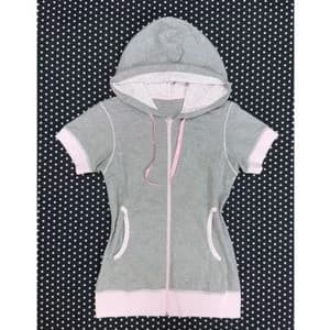 Sweet Aesthetic Zip‑Up Short Sleeve Hooded Jacket Grey Pink Color Block Drawstring Detail Side Pockets Slim Mid‑Length Casua Top