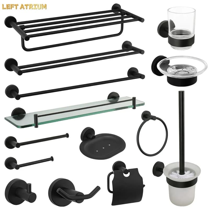 Bathroom Accessories Towel Rack Shelf Bar Roll Paper Holder With Cover Hand Towel Bar Holder Robe Hook Toilet Brush Holder Black