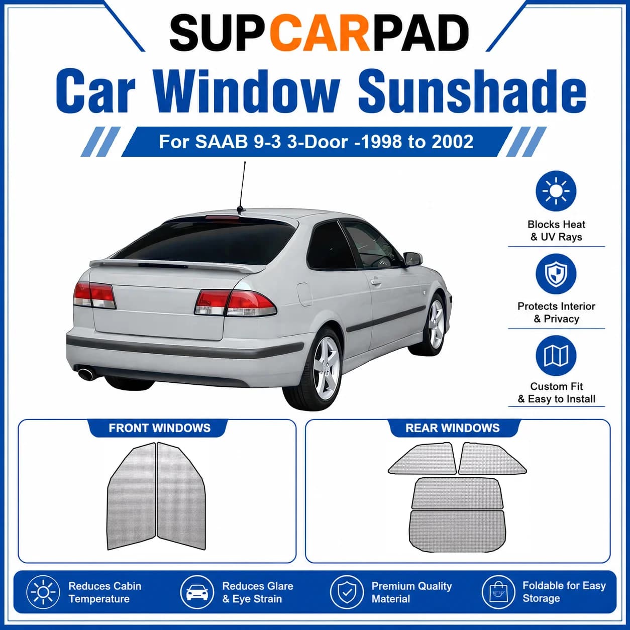 For SAAB - SAAB 9-3 3-Door -1998 to 2002 Full Set Car Window Sunshades UV Block Privacy Heat Insulated Foldable Car Curtain