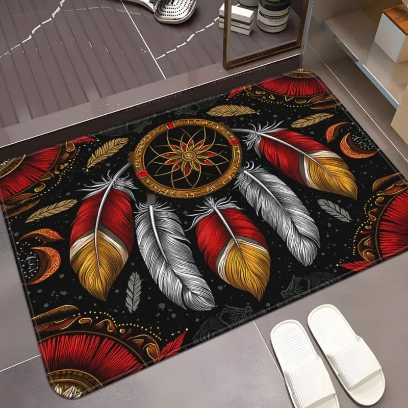 Native Feather Dreamcatcher Doormat Tribal Boho Black Background Ethnic Decor Rug