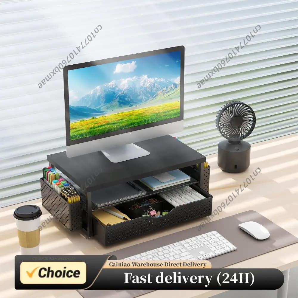 2-Tier Computer Monitor Stand Riser with Drawer and 2 Pen Holders Computer Stand Laptop Stand Office Desk Accessories