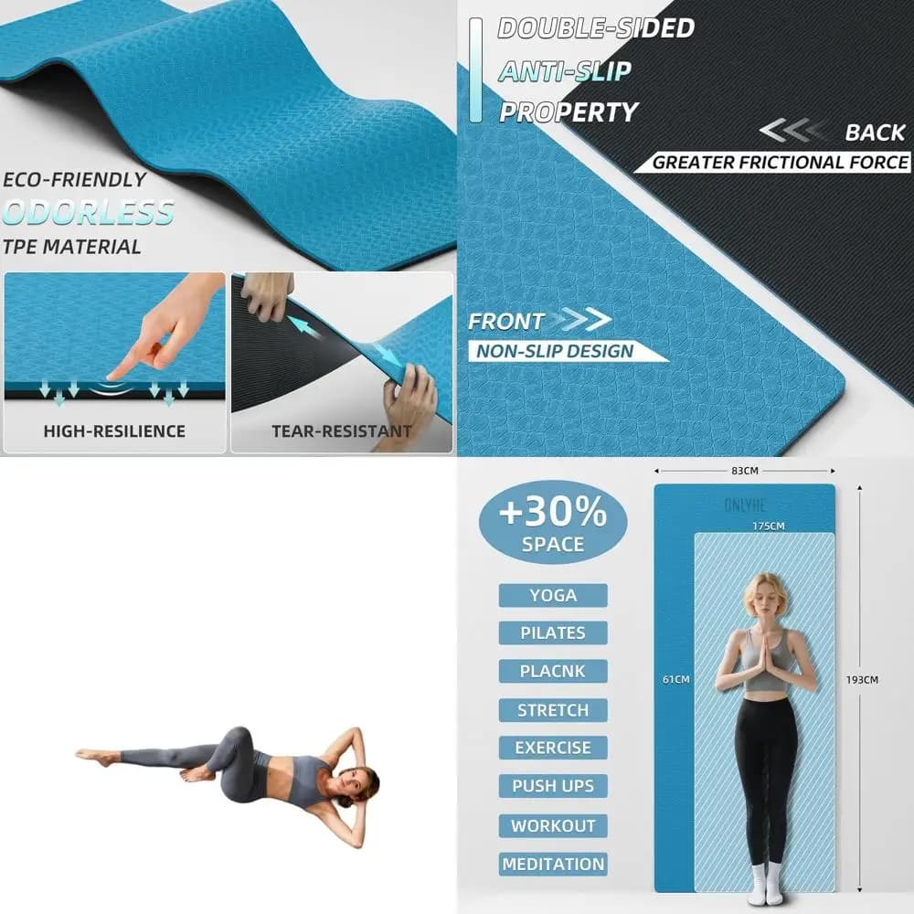Yoga Mat Large 76 x 32.6 cm in TPE for High People - Anti-slip, Thickness 7mm, Lightweight 1.1kg, Ideal for Exercises and Pilates