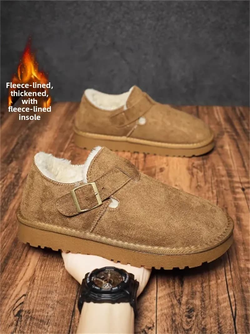 Men's Winter Thickened Fleece Lined Leather Fur Integrated Slip-On Low Help Warm Cotton Boots Lazy One-Touch Soft Bottom Casu...