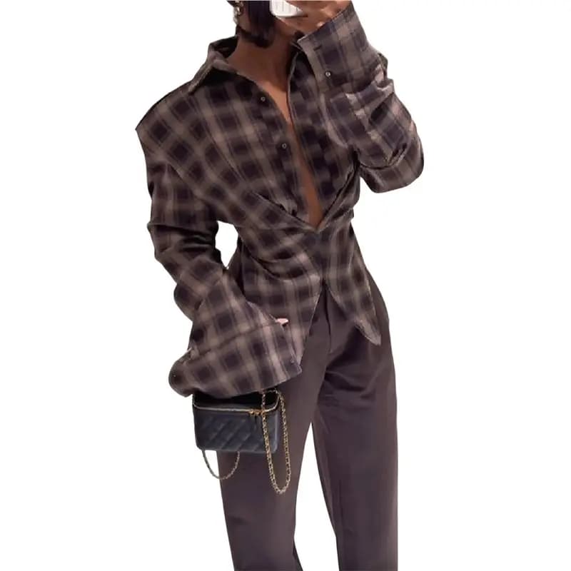 CYL-Camicia a quadri da donna con scollo a V e bottoni, camicetta asimmetrica slim a maniche lunghe a quadretti