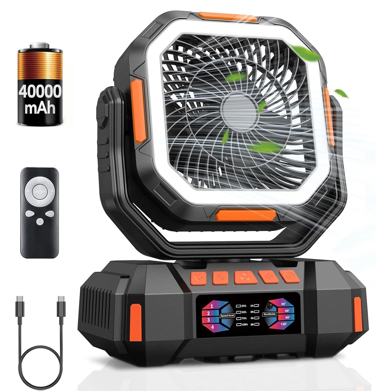 Ventilatore da campeggio 40000mAh Circolatore d'aria portatile da tavolo ricaricabile Ventilatore elettrico da soffitto wireless con illuminazione a LED Power Bank