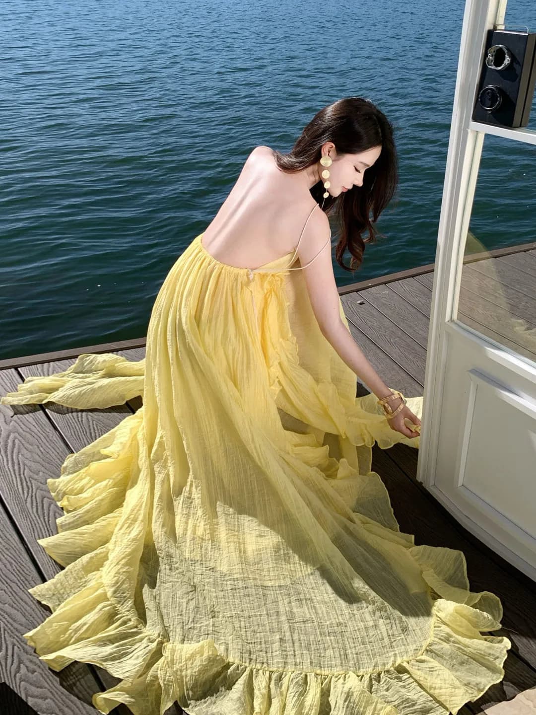 Elegant Backless Beach Dress Women's Floaty Lace Trim Halter Long Skirt Summer Vacation Photography High Waist Maxi Gown