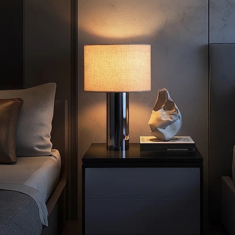 Lampade da tavolo a LED con base cilindrica moderna in acciaio inossidabile Paralume in tessuto bianco Soggiorno Ristorante Ufficio Camera da letto Luci da scrivania