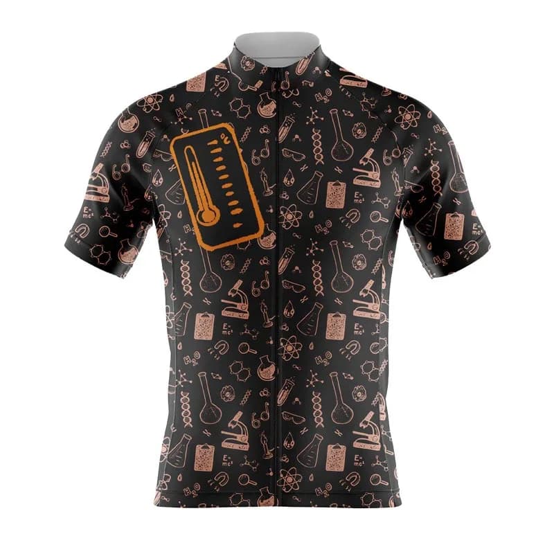 Men Short Sleeve Cycling Jersey Full Zip Quick Dry Breathable Bicycle Clothing, Chemistry Microscope Beaker Thermometer Pattern
