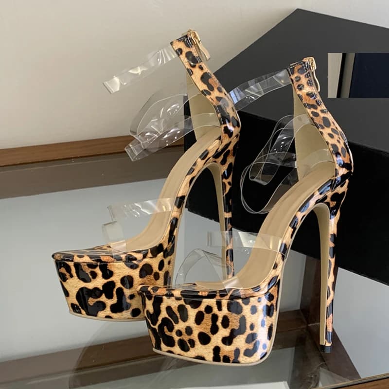 Eilyken PVC Transparent Thin High Heels Nightclub Striptease Women Sandals Summer Street Style Leopard Print Zipper Shoes