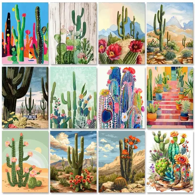 RUOPOTY Painting Frame DIY With Numbers Landscape Cactus Art Picture Wall Art Acrylic Hand Painted Tea Painting Gift Decorations For Home