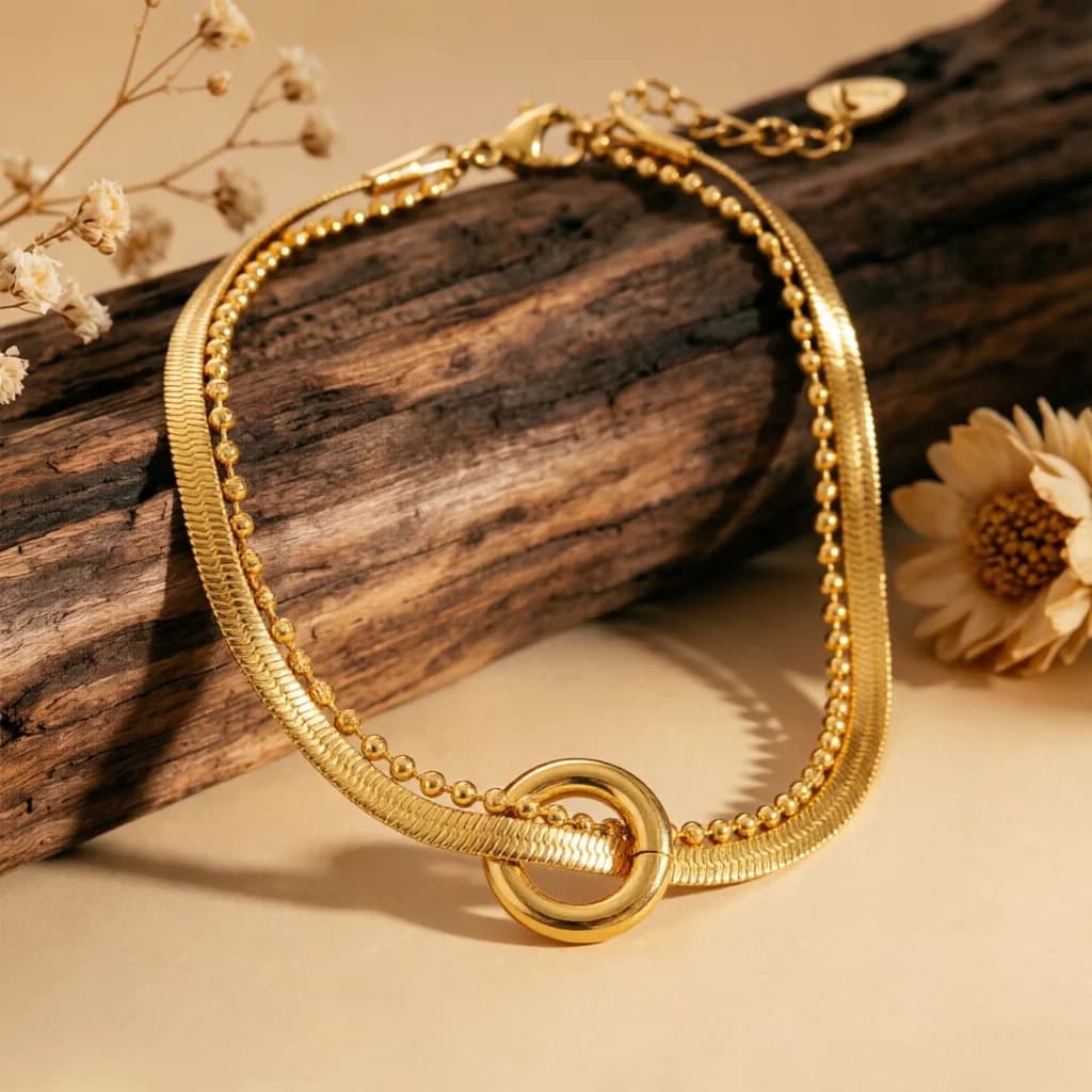 Round Charm Bracelet Stainless Steel Double‑Layer Blade‑Link & Bead Chain Jewelry Fashion Minimalist Versatile Ornament for Dail