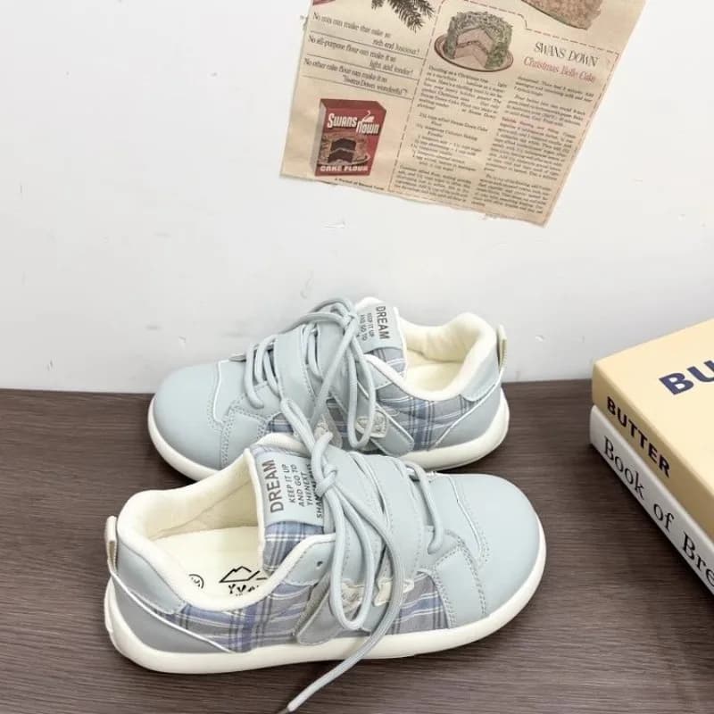 Women Light Blue Plaid Patchwork Sneakers,Round Toe Velcro Strap Platform Bread Shoes,Soft Sole Cute Casual Flat Shoes forLadies