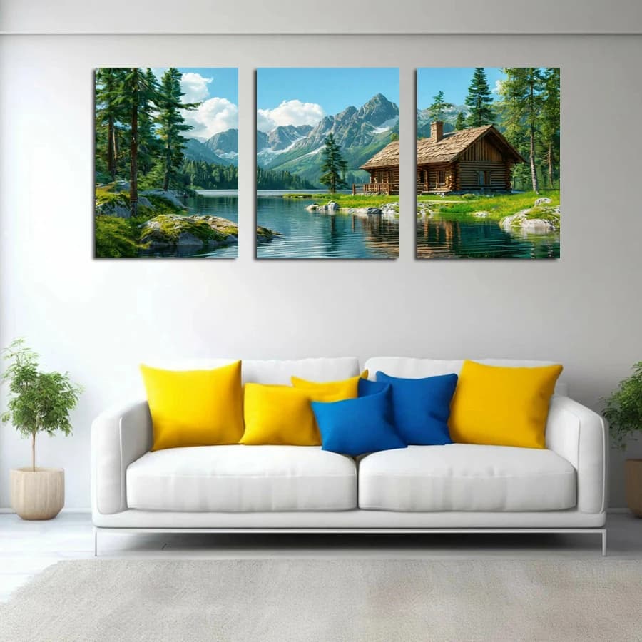 Mountain Lake Wooden House Scenery Picture Diy Diamond Art Painting Triptych Landscape Full Mosaic Embroidery Kits 3 Pieces/Set
