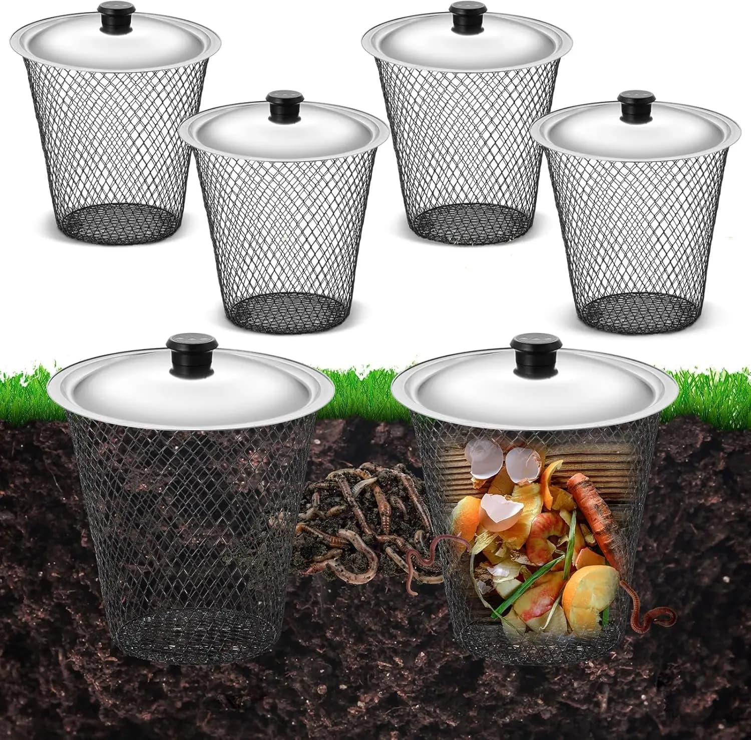 Compositore di vermi interrato da 4 pezzi con coperchi, contenitore per fattoria da esterno da 9,1x9,1x5,9 pollici per il riciclaggio di rifiuti da cucina ai letti da giardino