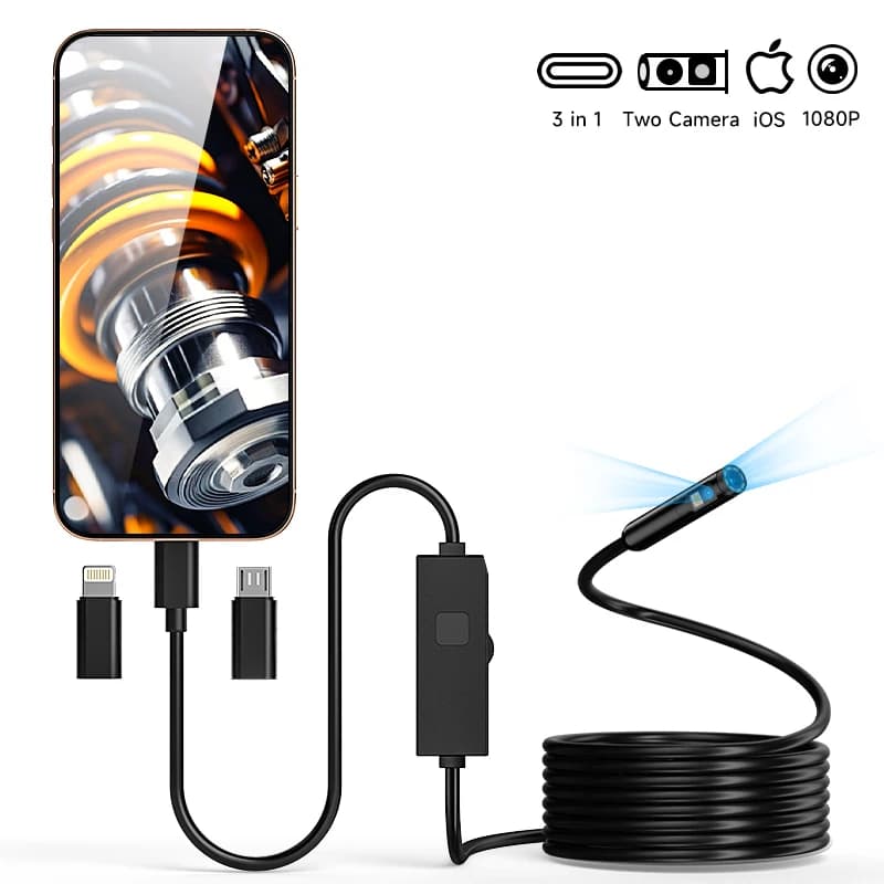 Endoscopio diretto per telefono 3 in 1 Telecamera singola doppia 1080P per iPhone/Type-C/Android IP67 Telecamera per ispezione periscopio impermeabile