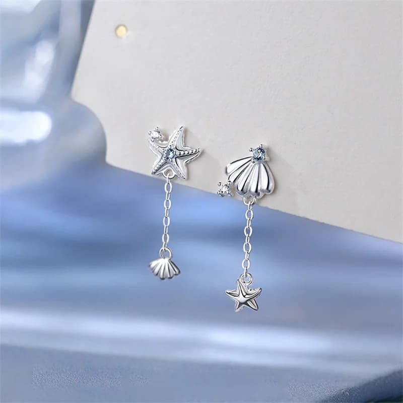 Orecchino a goccia con conchiglia di stelle marine con zirconi a catena lunga con nappa di moda per regalo di gioielli per orecchie da donna E1648
