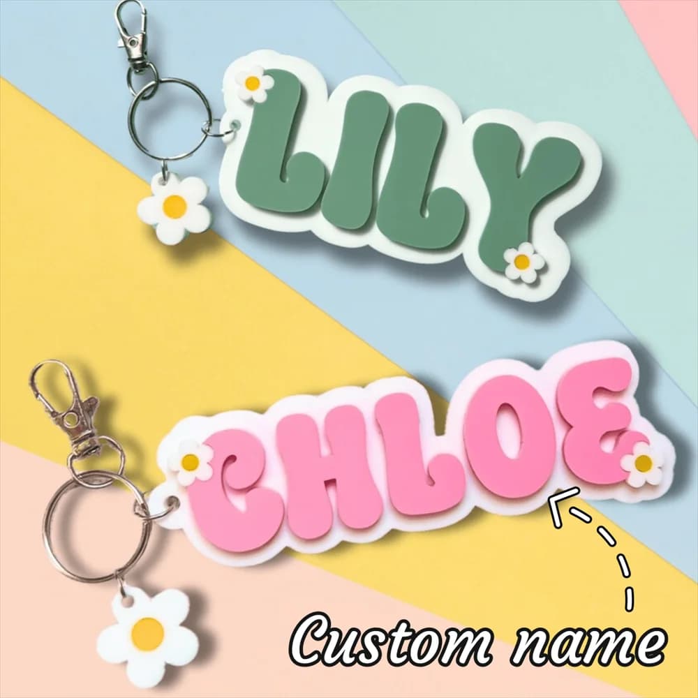 1 Piece Personalized Keyring with Name, Double Acrylic Layer, Nice Flower to Margherita Arcobaleno, T-shirt for Backpack, Custom Keyring with Name