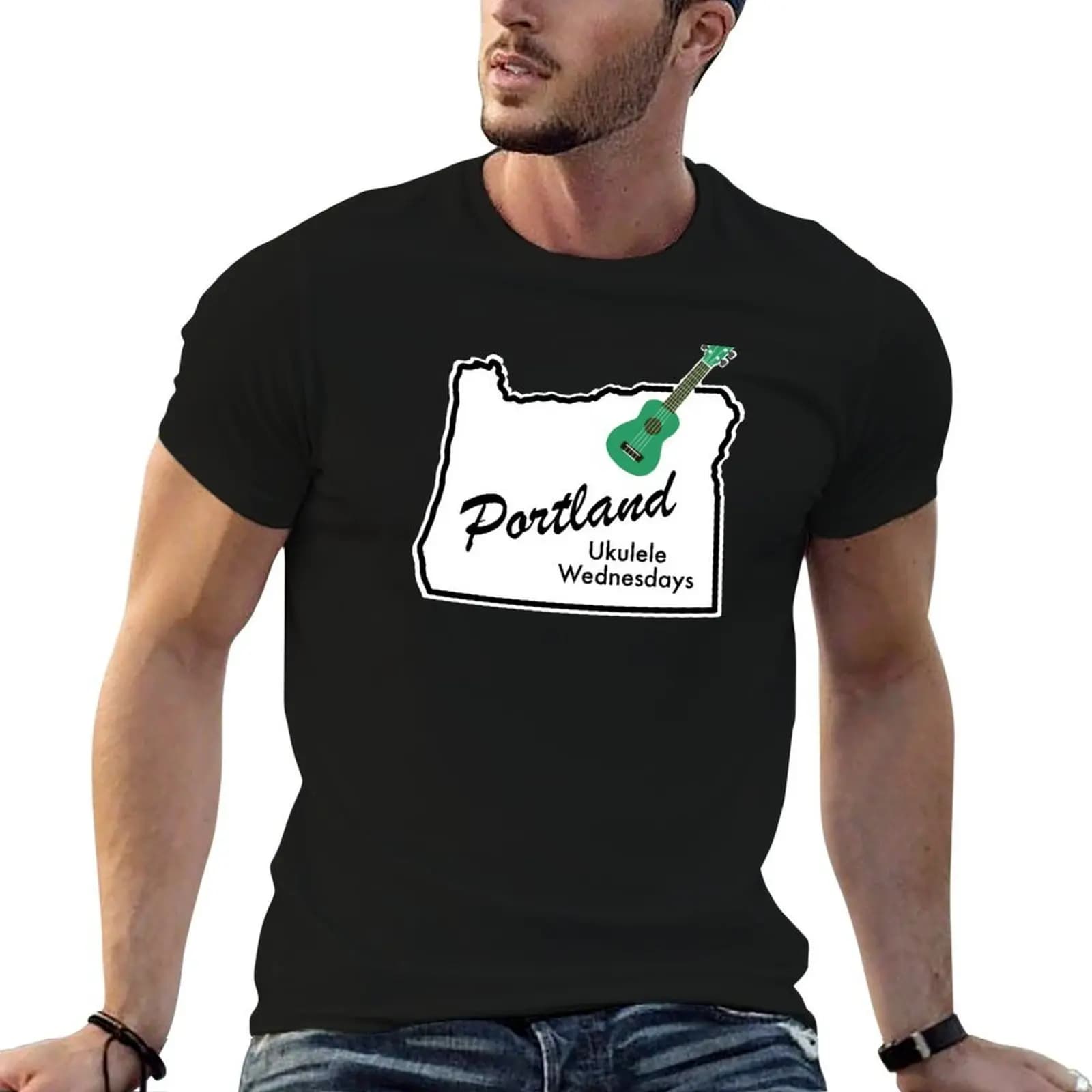 Portland Ukulele Wednesdays T-shirt da uomo in cotone, t-shirt da uomo in cotone 100%, t-shirt da uomo con grafica