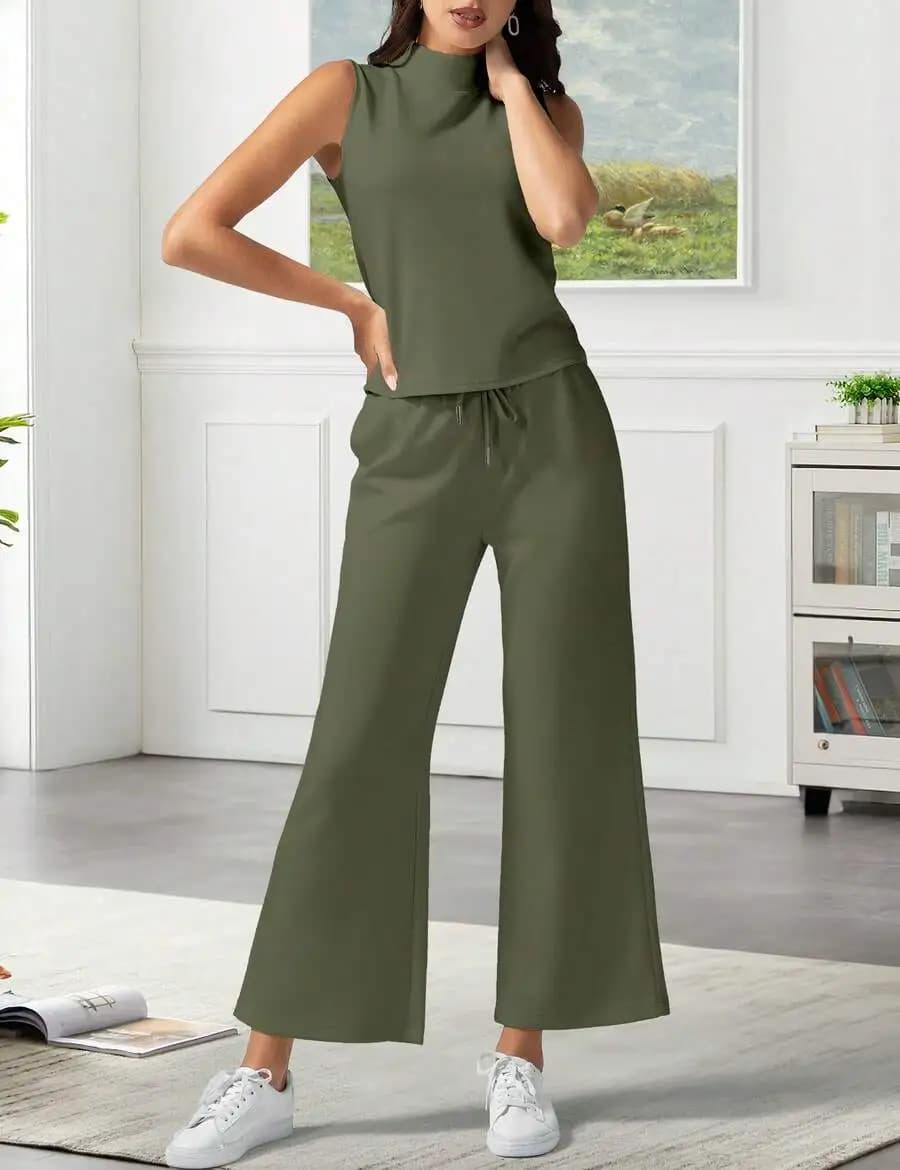 Set Verde Oliva 2 Pezzi: Top Senza Maniche con Collo Alto + Pantaloni Larghi a Vita Alta per l'Estate 2025