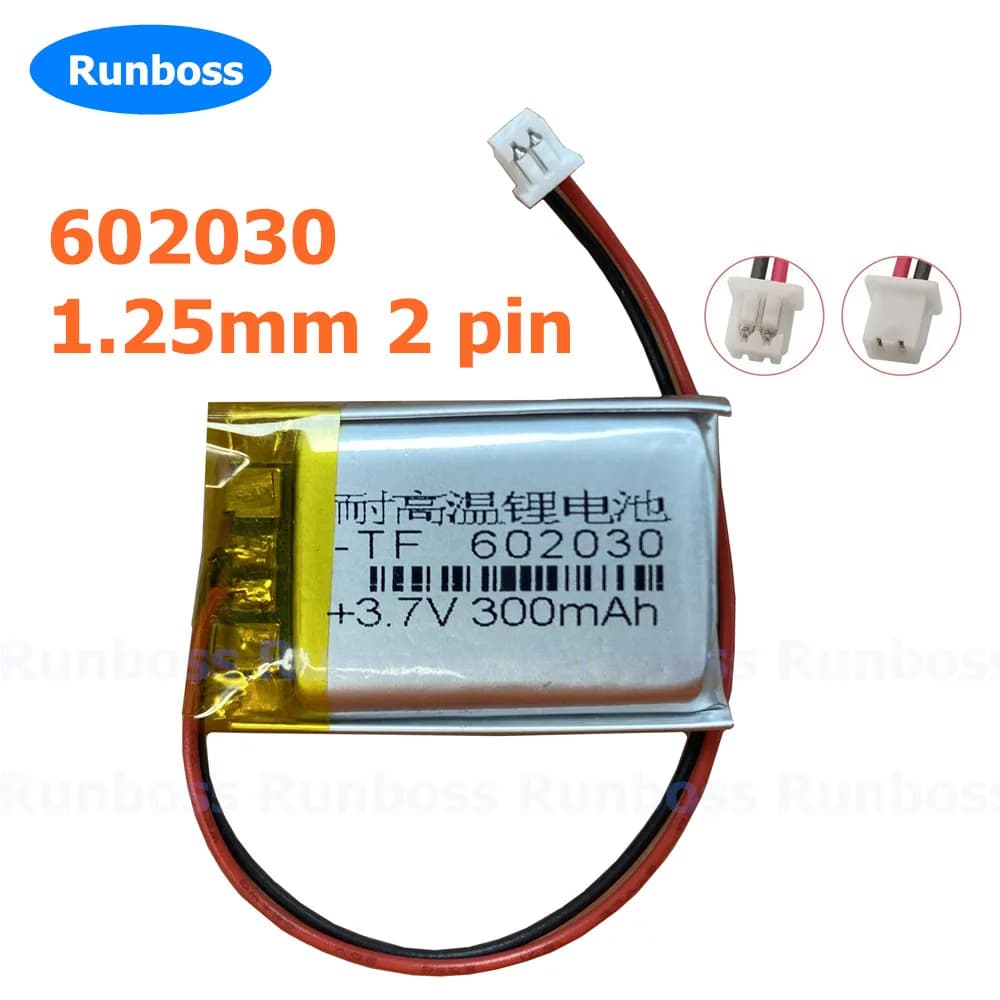 Batteria ai polimeri di litio 602030 300mAh 1.25mm 2P per MP3 MP4 PAD DVD E-book Altoparlante Bluetooth Cuffie Fotocamera Luci LED